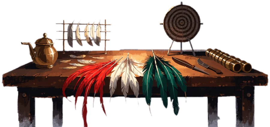 A fletcher's workbench with tools and feathers